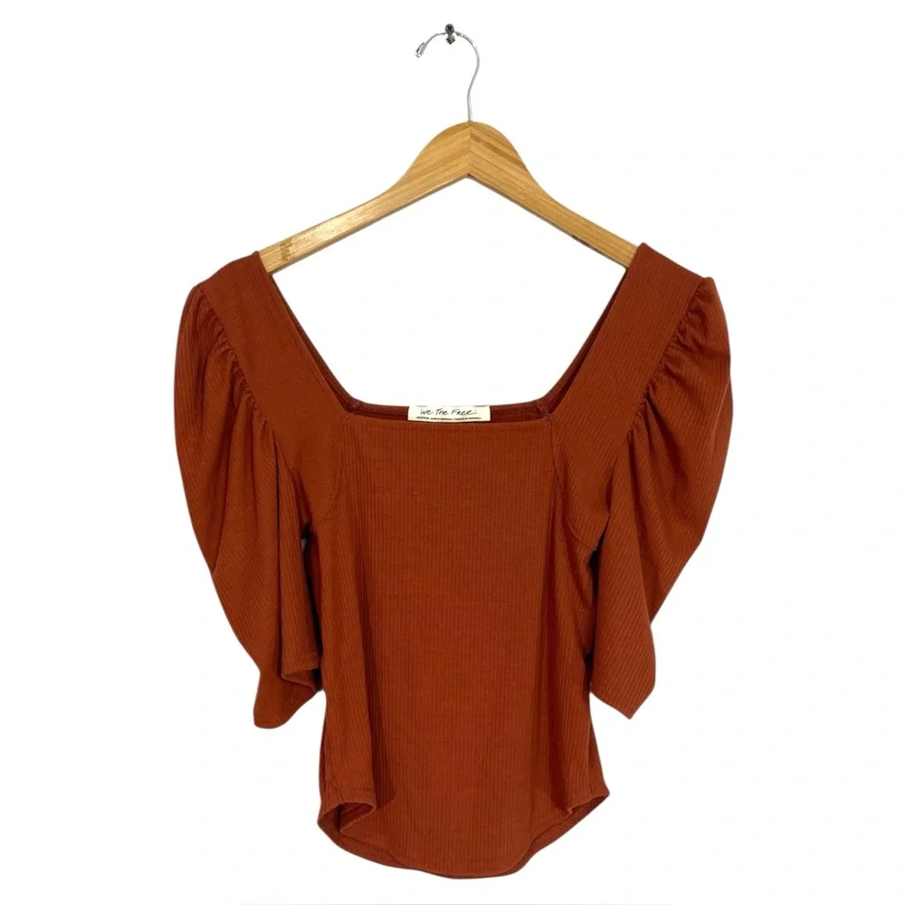 Free People We The Free Night Lily Puff Shoulder Ribbed Top In Sienna Medium